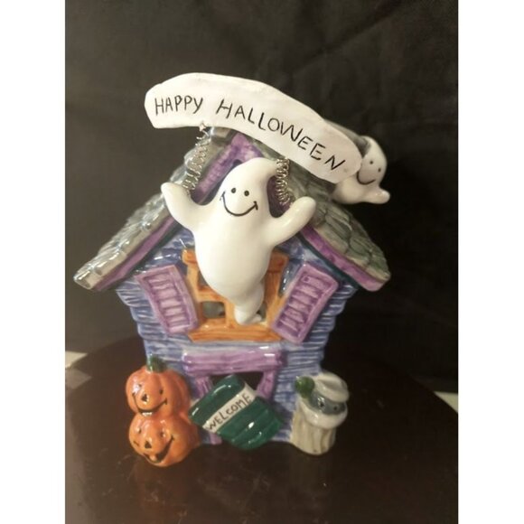 Ceramic Haunted House Votive Holder With Ghosts & Pumpkins - Picture 1 of 7